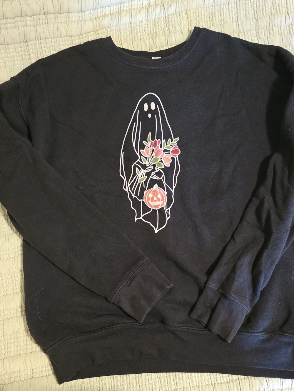 Bella Canvas Black Crewneck with Ghost Holding Floral Bouquet and Pumpkin